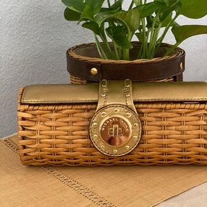 Michael Kors Rattan Santorini Round Brown and Gold Hardware Leather Straw Clutch